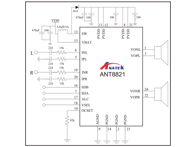 内置升压免滤波D类音频功放_ANT8821_电路图